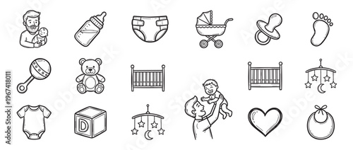Collection of hand-drawn black and white baby care icons, including a father with baby, bottle, diaper, stroller, pacifier, footprint, rattle, teddy bear, crib, mobile, onesie, block, heart,