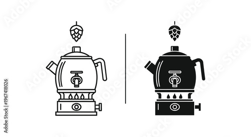 Two beer brewing kettles with hops a minimalist silhouette
