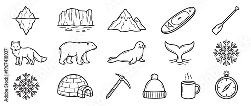 Collection of hand-drawn black and white arctic and winter-themed icons, including animals, landscapes, and objects, presented in a clean, illustrative style