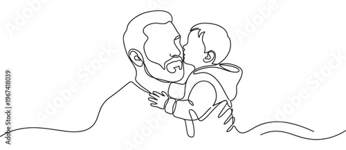 Continuous line drawing of a father and child embracing, showing a tender moment of affection and family love