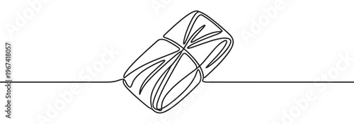 Single continuous line drawing of a stylized rectangular gift box with a ribbon, presented in a minimalist art style