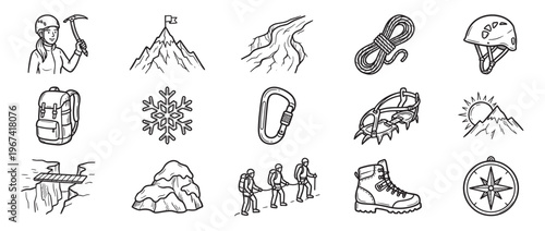 Collection of hand-drawn black and white doodle icons representing various mountain climbing and hiking elements