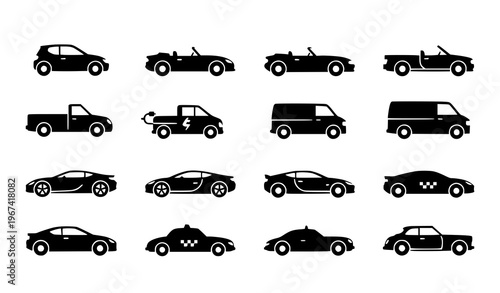 Schilderij op canvas Black Car Silhouette Icons Set Auto Vehicle Transportation Vector Symbols