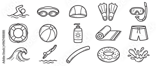 Collection of hand-drawn swimming and beach-related icons, including a swimmer, goggles, a swim cap, fins, a snorkel, a lifebuoy, a beach ball, sunscreen, a rolled towel, swim shorts, a