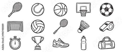 Various hand-drawn sports equipment icons, including balls, rackets, a goal, and a trophy, are neatly arranged in a clean, illustrative style