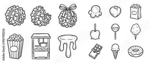 Collection of hand-drawn black and white carnival food illustrations, including popcorn, candy apples, and ice cream