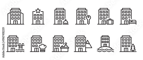 Collection of hotel and accommodation related line icons, depicting various services and features in a clean, modern style