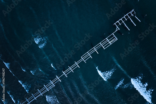 Abstract vertical view of an old wooden sea port with an imperial cormorant colony above dark water in Punta Arenas, Chile. Colors: blue, white, black