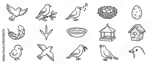 Collection of hand-drawn bird-related icons, including various birds, nests, eggs, feathers, and birdhouses, in a simple line art style