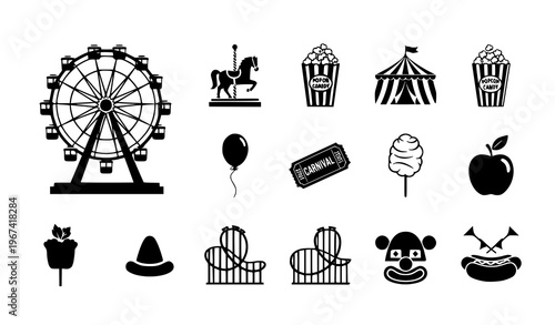 Carnival Icons Set Black Amusement Park Symbols in Gray Squares Vector