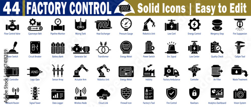 Factory control solid icons set. Collection of valve conveyor belt pipeline monitor mixing tank heat exchanger pressure gauge robotics unit low coal energy, vector illustration.