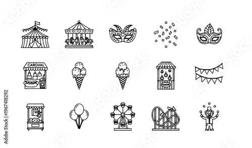 Fairground Carnival Line Icons Collection in Gray Square Frames Vector