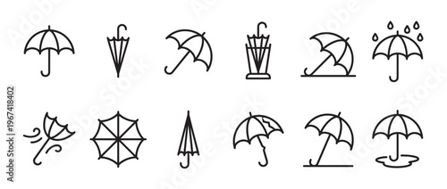 Collection of black outline umbrella icons depicting various states and weather conditions, presented in a clean, modern style