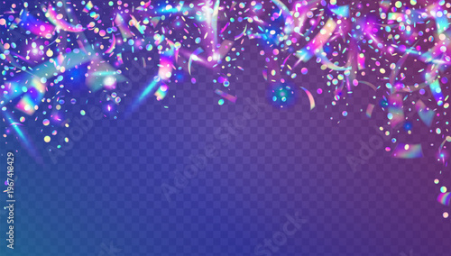 Disco Tinsel. Purple Holographic Confetti And Pink Glitch Glitter. Abstract Birthday Background. Festive Background Of Glittering Foil And Falling Light. Blue Disco Tinsel