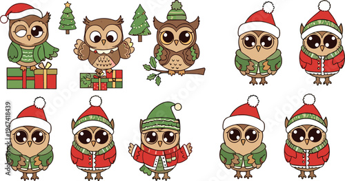 Cute Christmas owl character collection with Santa hats scarves gifts and winter outfits vector illustration set isolated on white background