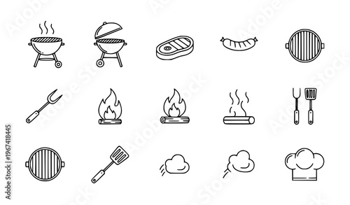 Black Barbecue Grill Icons Set Cooking and BBQ Equipment Line Vector Collection