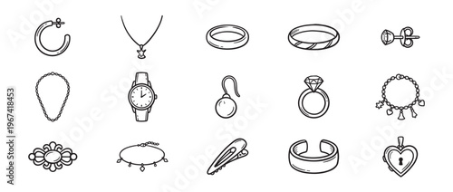 Collection of hand-drawn jewelry icons, including rings, necklaces, earrings, bracelets, and a watch, presented in a simple black and white outline style