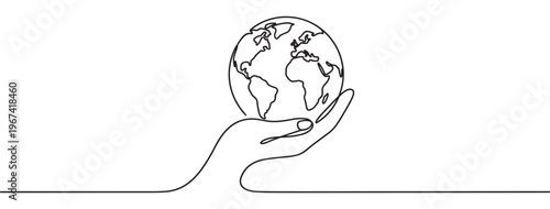Single continuous line drawing of a human hand holding the planet Earth, symbolizing global care and environmental protection