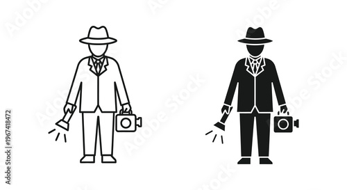 Detectives with flashlights and cameras black and white silhouette