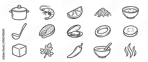 Collection of hand-drawn kitchen and food ingredient icons, including a pot, shrimp, lemon, salt, soup, ladle, salmon, mussel, onion, lime, cube, parsley, chili, bowl, and steam