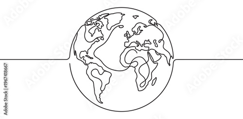 Continuous line drawing of the Earth globe, showing continents and oceans, rendered in a minimalist black and white style
