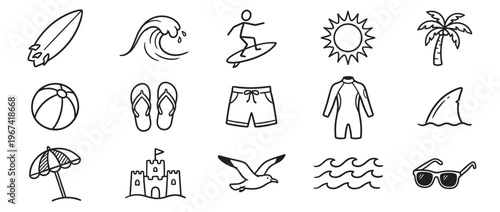 Collection of hand-drawn black outline summer beach icons, including a surfboard, wave, surfer, sun, palm tree, beach ball, flip-flops, swim shorts, wetsuit, shark fin, beach umbrella,