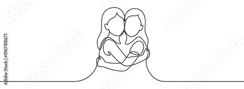 Two young women hugging each other, drawn in a continuous single line art style, expressing friendship and affection