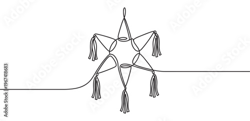 Continuous line drawing of a traditional star-shaped piñata with tassels, rendered in a minimalist black outline style