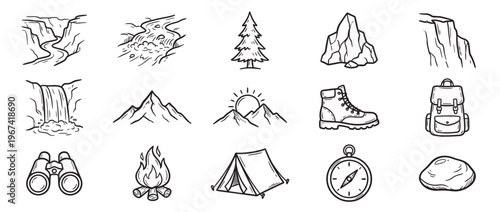 Collection of hand-drawn black and white outdoor adventure icons, including mountains, trees, waterfalls, and camping gear
