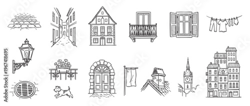 Collection of hand-drawn black and white urban elements, including buildings, street features, and a small dog, rendered in a charming sketch style