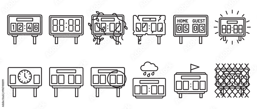Fototapeta premium Collection of twelve black outline scoreboard icons displaying various times, scores, and conditions in a clean, modern style