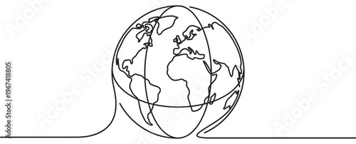 Continuous single line drawing of a stylized Earth globe with visible continents, presented in a minimalist black and white vector illustration