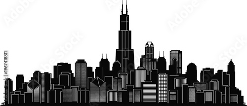 Detailed black silhouette of Chicago city skyline with Willis Tower and famous skyscrapers for Illinois urban travel and United States metropolitan architectural design