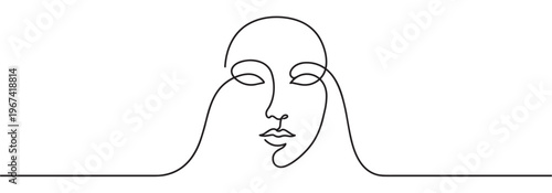 Minimalist continuous line art drawing of a serene female face with closed eyes, rendered in black on a white canvas