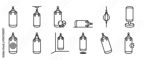 Collection of various boxing punching bags and speed bags in a clean, minimalist outline icon style, presented on a white surface