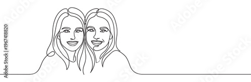 Two smiling young women's faces are depicted in a continuous line art drawing, showcasing friendship and connection