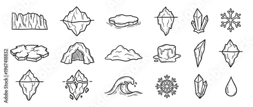 Collection of hand-drawn black and white illustrations depicting various ice formations, water elements, and crystals in a simple, graphic style