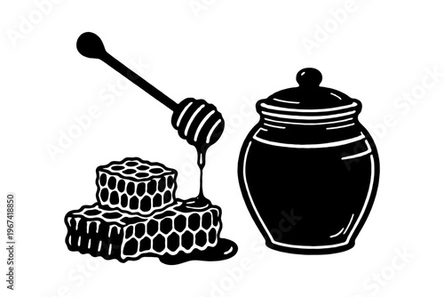 Honey dipper dripping over comb next to a sealed jar, black ink style on white background, concept of natural sweet food products