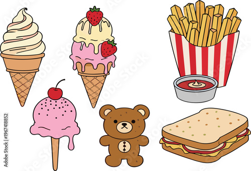 Cute Fast Food and Dessert Vector Illustration Set with Ice Cream Cones, French Fries, Sandwich and Teddy Bear, Cartoon Style Collection for Kids Design