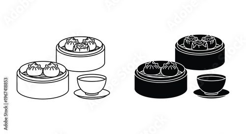 Dim sum in stacked steamers and teacups a black and white silhouette