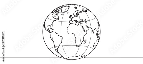 Simple black and white line drawing of the Earth globe with continents and meridians, illustrating global connection