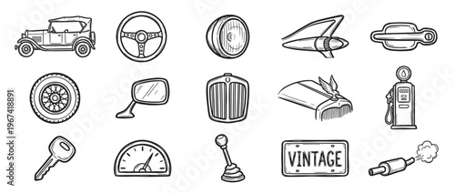 Collection of hand-drawn vintage car parts and accessories, including a classic automobile, steering wheel, and headlight, presented in a doodle style
