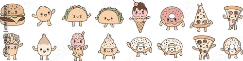 Cute kawaii fast food character collection with burger taco donut pizza and ice cream cartoon vector illustration set isolated on white background