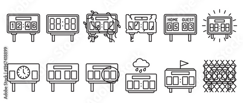 Collection of twelve black outline scoreboard icons displaying various times, scores, and conditions in a clean, modern style