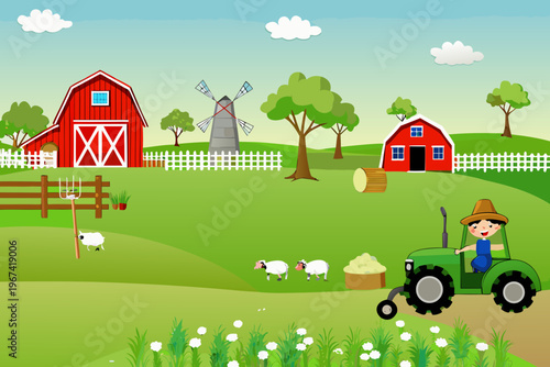 A colorful cartoon farm scene with a red barn windmill and tractor