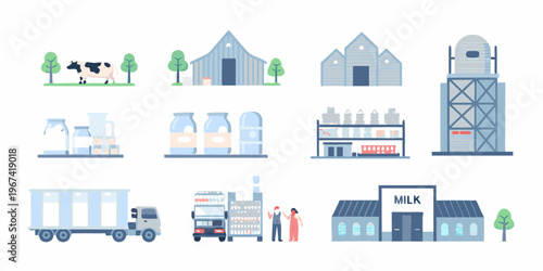 A colorful illustration of a dairy farm and milk production facilities