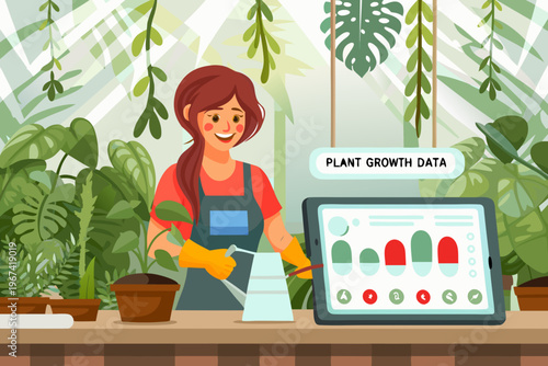 Woman tending plants and analyzing growth data on a tablet