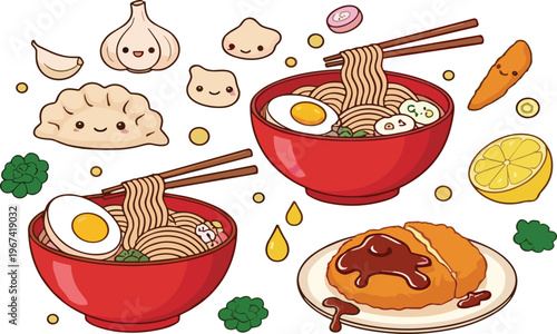 Cute ramen and dumpling food collection with noodles bowls gyoza garlic lemon and kawaii ingredients vector illustration set isolated on white background