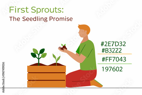 Man kneeling holding seedling with sprouting plants and color codes