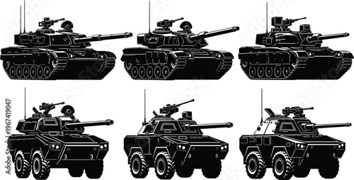 Set of military battle tank and armored vehicle black silhouettes with gun turrets and heavy weaponry for army combat defense force graphic design